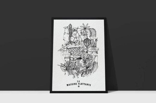 Black and white poster floating machine large format